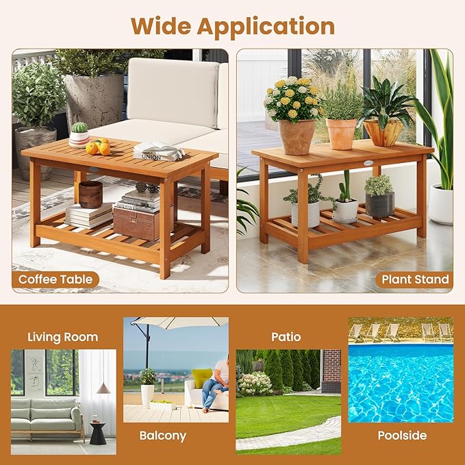Tangkula Outdoor Acacia Wood Coffee Table, Patio 29.5” Rectangle Slatted 2 Tier - Image 9