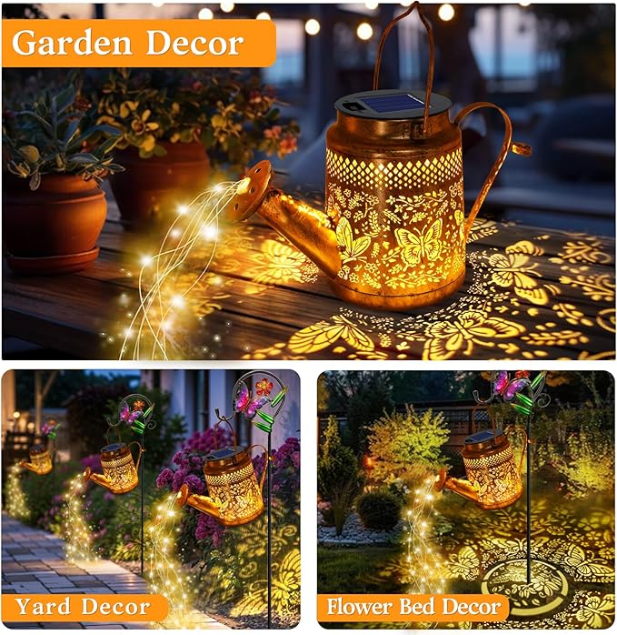 2 Pack Solar Powered Butterfly Watering Can Lights Waterproof Outdoor Decor - Image 5
