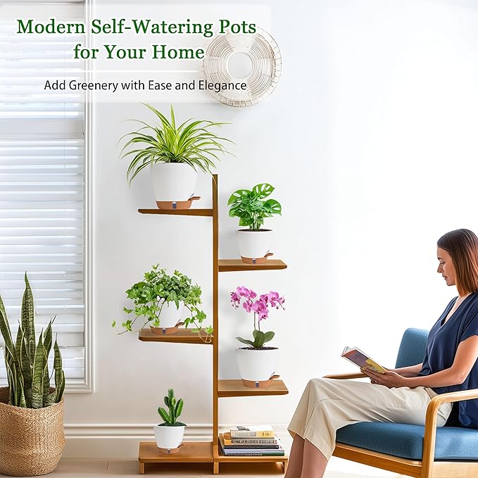 Self Watering Pots for Inoor Ourdoor Plants 8/7/6.5/6/5 Inch Plastic Planters - Image 6