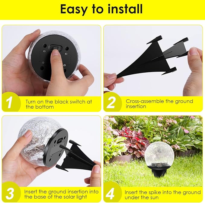 Solar Garden Lights, 2 Pack 60 LED Cracked Glass Solar Globe Lights Outdoor - Image 7
