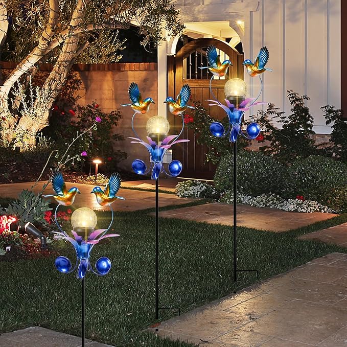 VCUTEKA Solar Lights Outdoor Metal Garden Stake Waterproof Crackle Glass Globe - Image 9