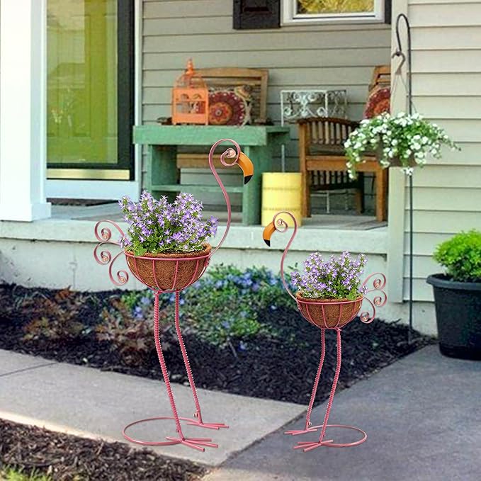 Metal Flamingo Planter with Basket -Garden Bird Planters - Image 2