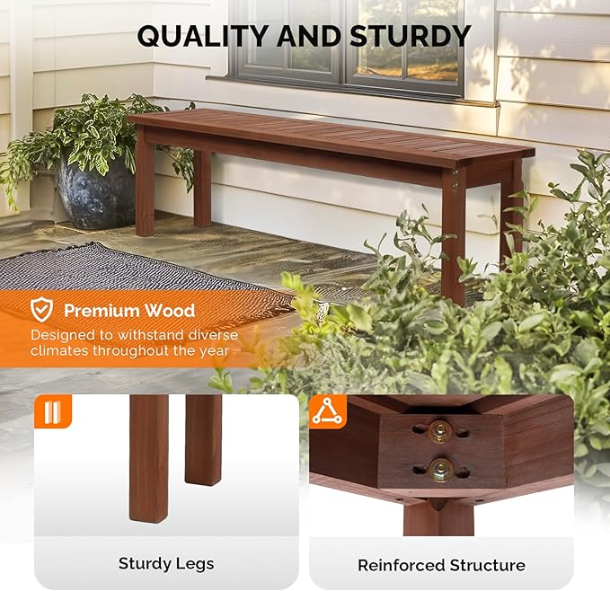 VINGLI Outdoor Wooden Bench, 62” Porch Bench Outdoor Backless Garden Bench - Image 4