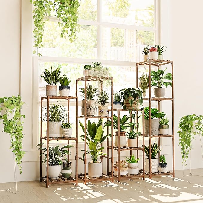 Bamworld 4 Sets Tall Plant Stands Indoor Outdoor Combo Plant Shelves Wooden - Image 8