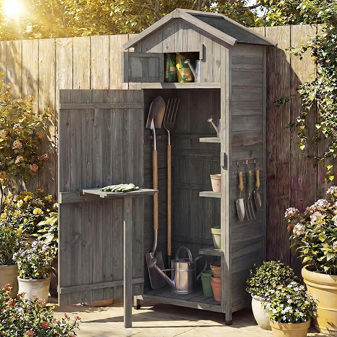 Goplus All-in-One Storage Shed, Vertical Utility Tool Organizer w/Shelves & - Image 9