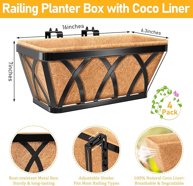Riare 4 Pack 16 Inch Metal Railing Planter Window Box - Image 2