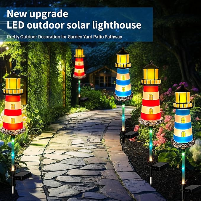 Solar Garden Lights Outdoor Decorations, 4 Packs Lighthouse Waterproof - Image 6