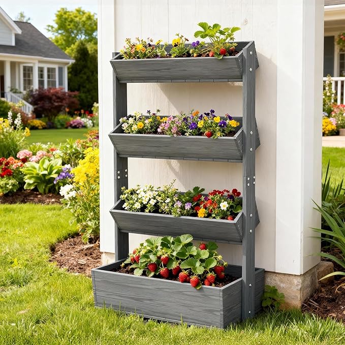 SUNYRISY 4 Tiers Vertical Raised Garden Bed Outdoor Planter Tower, Wooden - Image 7