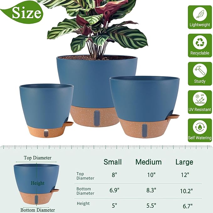 12/10/8 inch Plant Pots, Large Plastic Self Watering Planters - Image 3