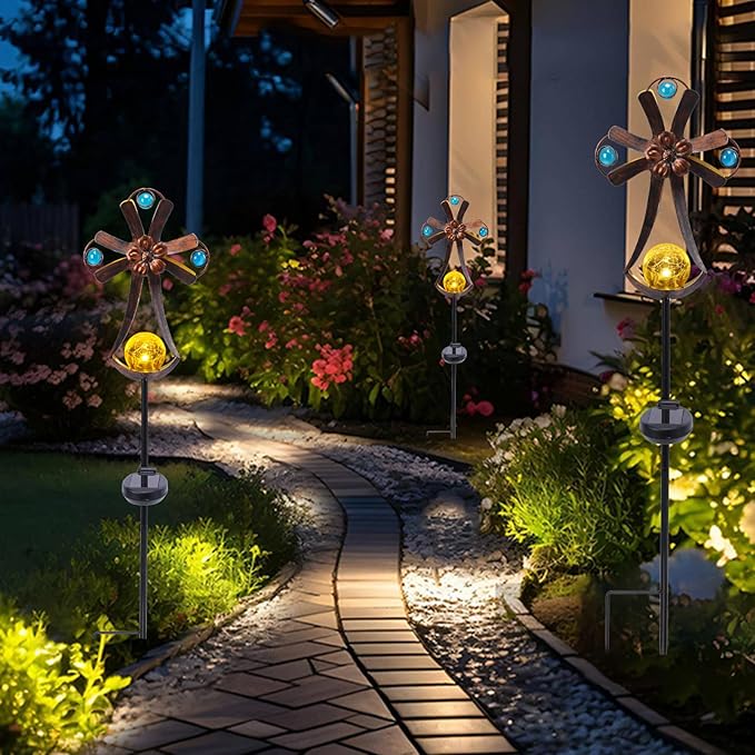 VCUTEKA Solar Garden Lights Cemetery Metal Flower Decor Colorful Solar Pathway - Image 4