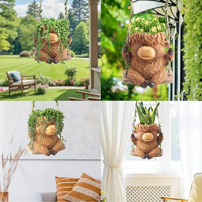 Swing Highland Cow Hanging Planters - Image 6