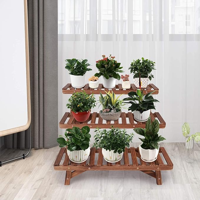 Ufine Freestanding 3 Tier Ladder Shelf Wood Plant Stand Indoor Outdoor Plant - Image 2