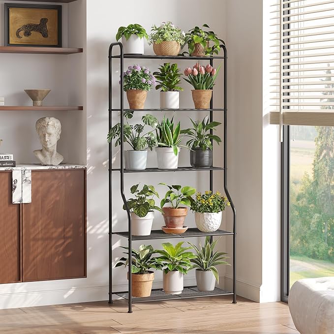 5-Tier Corner Plant Stand, Metal Black Flower Pot Rack, Indoor Outdoor Heavy - Image 2