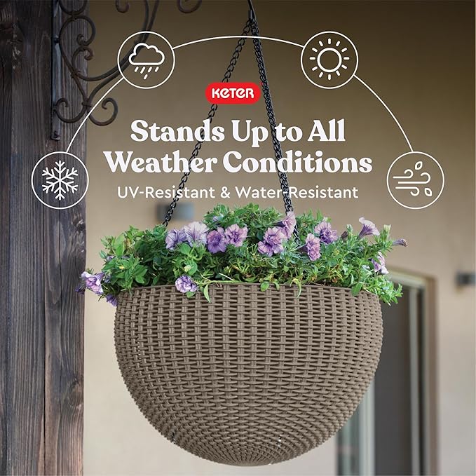 Keter Resin Rattan Set of 2 Round Hanging Planter Baskets - Image 4