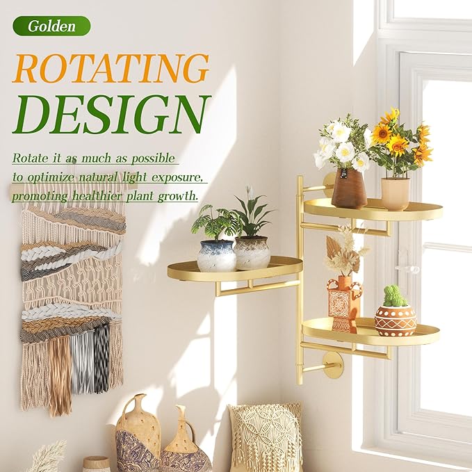 Window Rotating Plant Stand Shelf Indoor Gold Metal Floating Shelves 3-Tier - Image 2