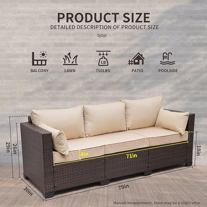 WAROOM Patio Couch PE Rattan 3-Seat Outdoor Sofa Brown Wicker Furniture Set - Image 3