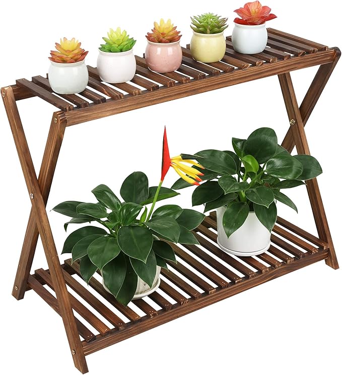 Wood Plant Stand Indoor Outdoor 2 Tiers Flower Stand Corner Stepped Planter by TOVACU