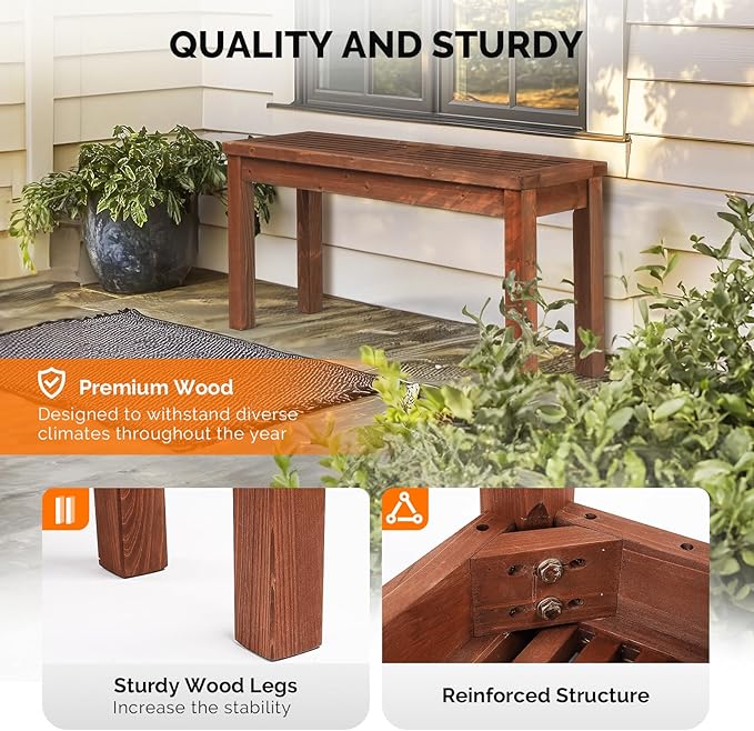 VINGLI Outdoor Wooden Bench, 40” Porch Bench Outdoor Backless Garden Bench - Image 5