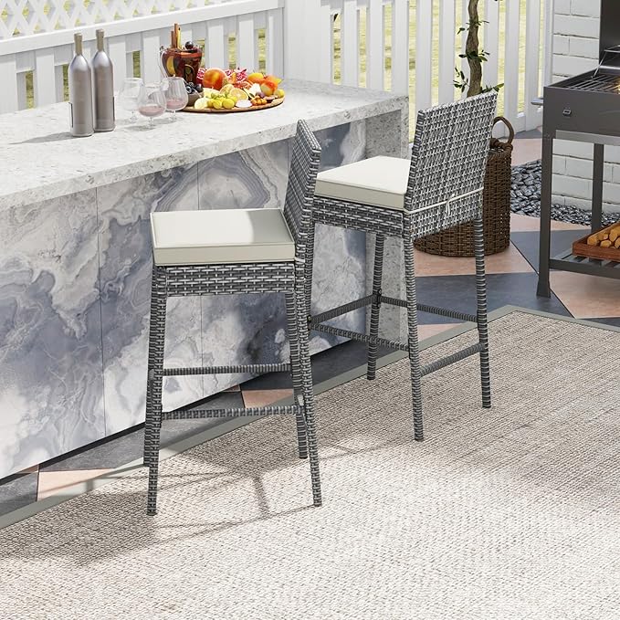 HAPPYGRILL Patio Wicker Barstools Set of 2, Outdoor Bar Height Chair w/Soft - Image 2
