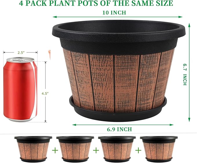 Quarut 4 Pack 10 inch Plant Pots, Upgrade Whiskey Barrel Planters - Image 2