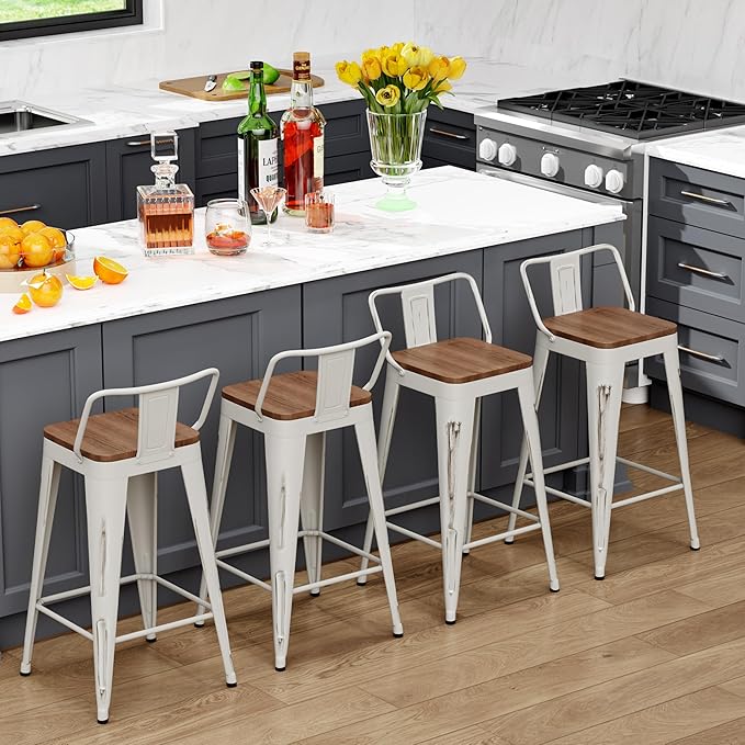 WENTMENT Bar Stools Set of 4, Industrial Style, Metal Frame, Distressed White - Image 3