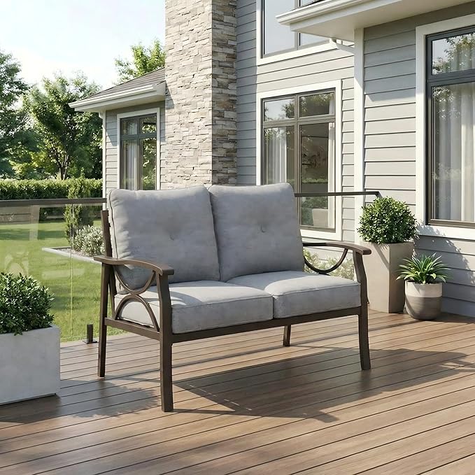 RoyalCraft Patio Loveseat, All-Weather Outdoor 2 Seats Sofa Couch, Khaki Metal by Bringyoubetterlife