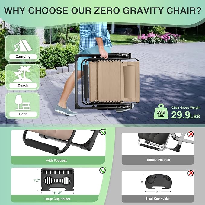 Suteck Oversized Zero Gravity Chair, 29In XL Outdoor Recliner Chair w/Removable - Image 5