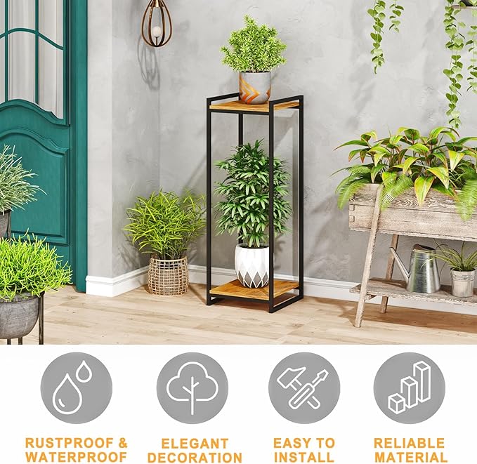 2-Tier Plant Stand Indoor, Rustic Brown - Image 3