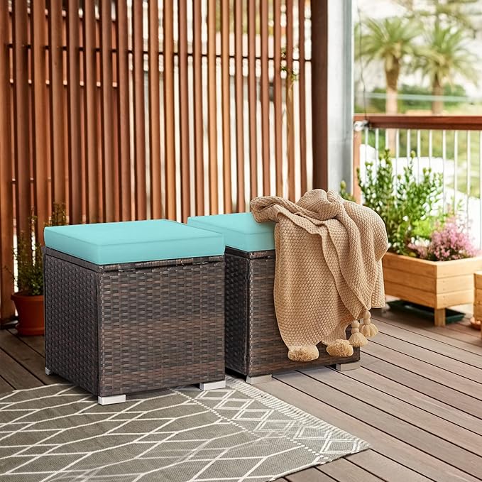 RELAX4LIFE Wicker Outdoor Storage Ottoman, 2-Piece Rattan Footstool w/Removable - Image 2