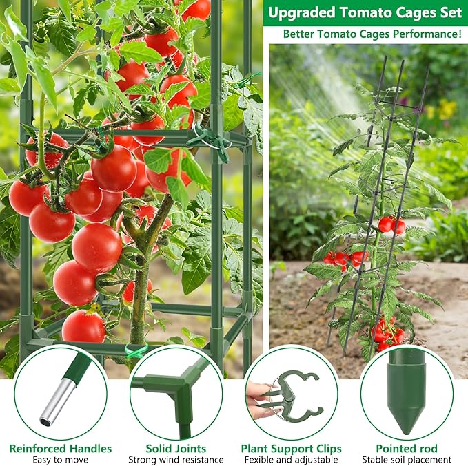 3 Set Square Tomato Cages with 18 Gallon Grow Bags, Plant Support Tower Stakes - Image 4