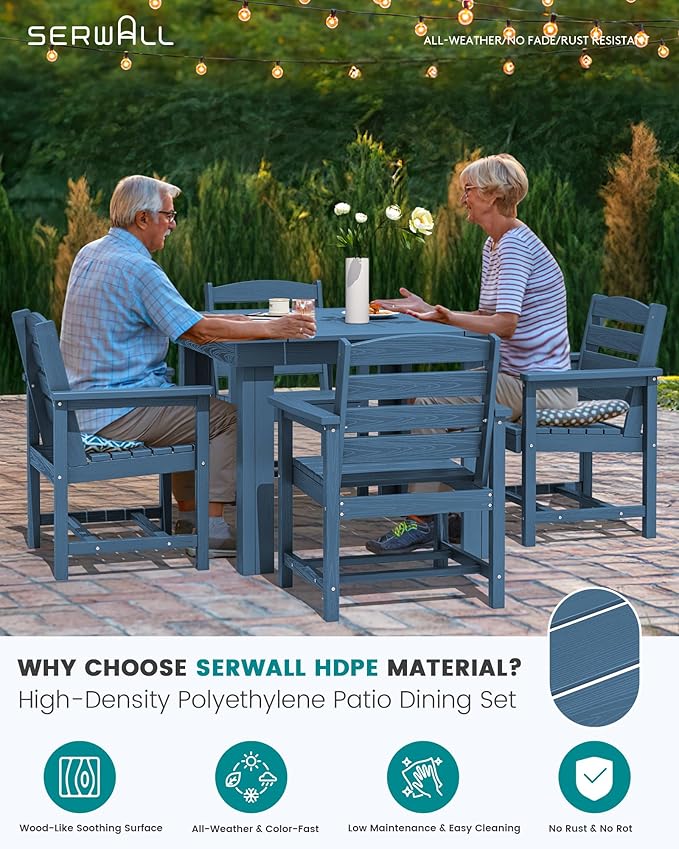 SERWALL Outdoor Dining Set for 4, HDPE Square Table and Chairs Set All Weather - Image 3
