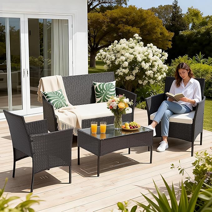 FDW | 4-Piece Patio Furniture Set | Brown | Outdoor Wicker Furniture - Image 2