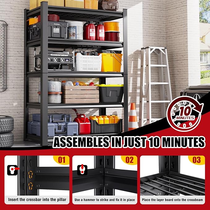 Set of 3 Garage Shelving-3500 lbs 5 Tier Storage Shelves, Adjustable Heavy Duty - Image 6