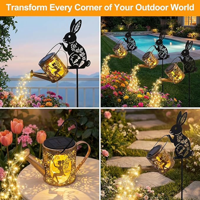 Solar Watering Can Light with Bunny Silhouette Stake & Fairy Design - Image 5