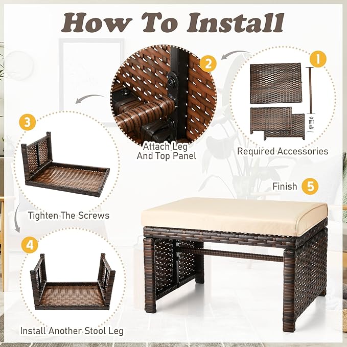 2 Pcs Patio Rattan Ottomans Outdoor Wicker Ottomans Patio Footstool Footrest - Image 4