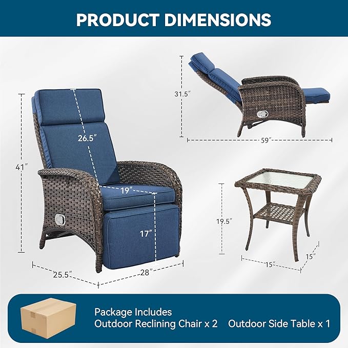 3 Pieces Zero Gravity Wicker Patio Recliner Chairs Set of 2 - Image 2