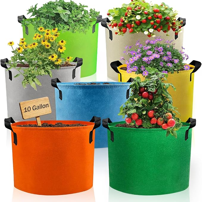 Grow Bags, 7 Pack Colorful 10 Gallon Grow Bags, Reusable Fabric Grow Bags by GARRDEEN