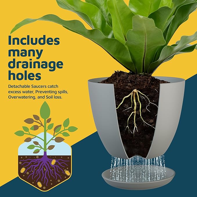 Gray Plant Pots with Drainage Holes & Saucers 3 Pack, Indoor & Outdoor - Image 6