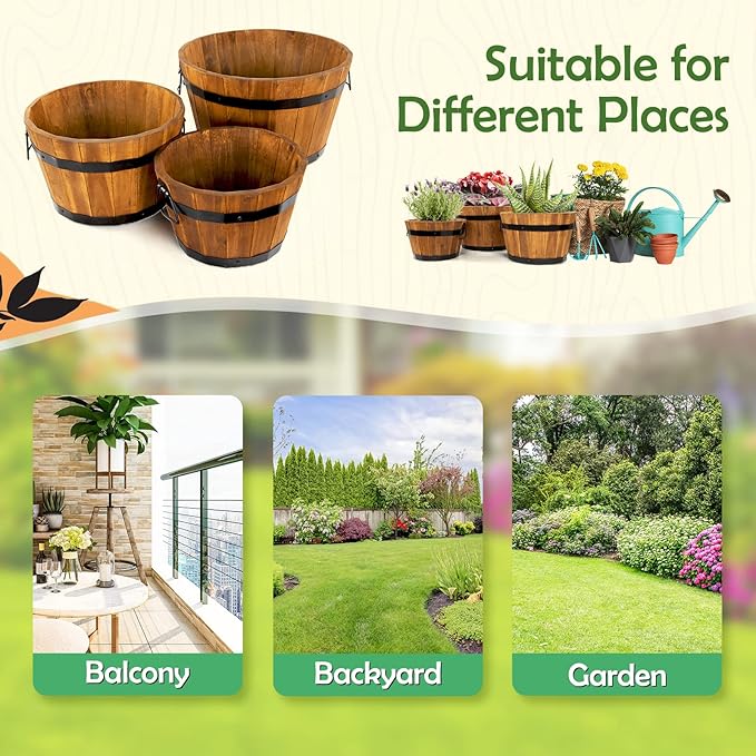 Idzo Set of 3 Wooden Flower Boxes Outdoor, Durable Acacia Wood Barrel Planters - Image 6