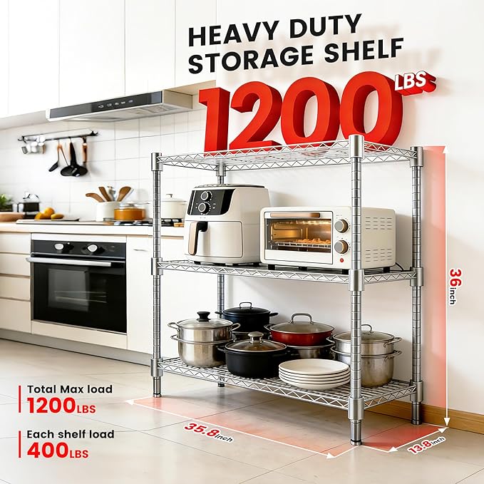 Xcity Storage Shelves, 3 Tier Heavy Duty Metal Shelving Unit, 1200 LBS Capacity - Image 2