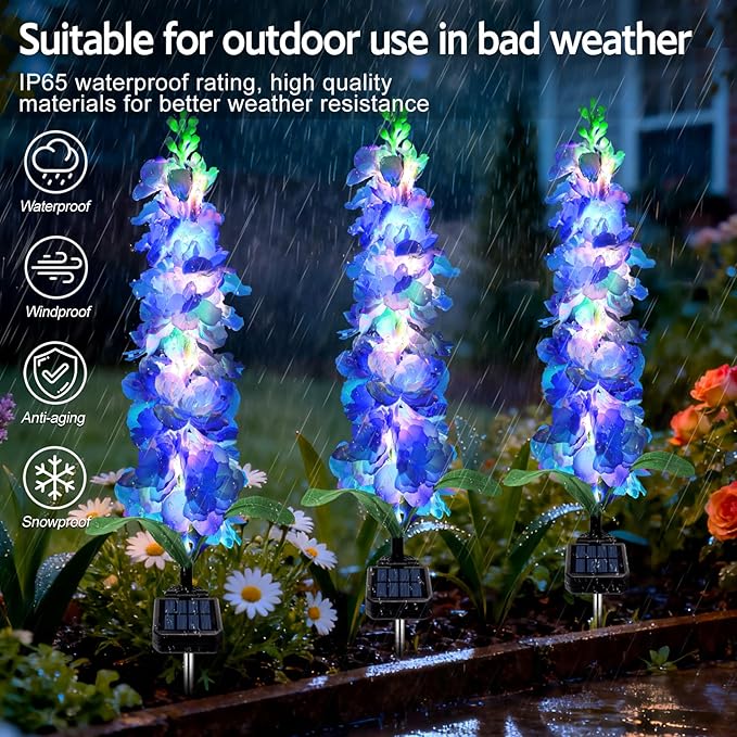 Solar Garden Lights, Solar Blue Delphinium Flowers Lights 4 Pack 80 LEDs - Image 5