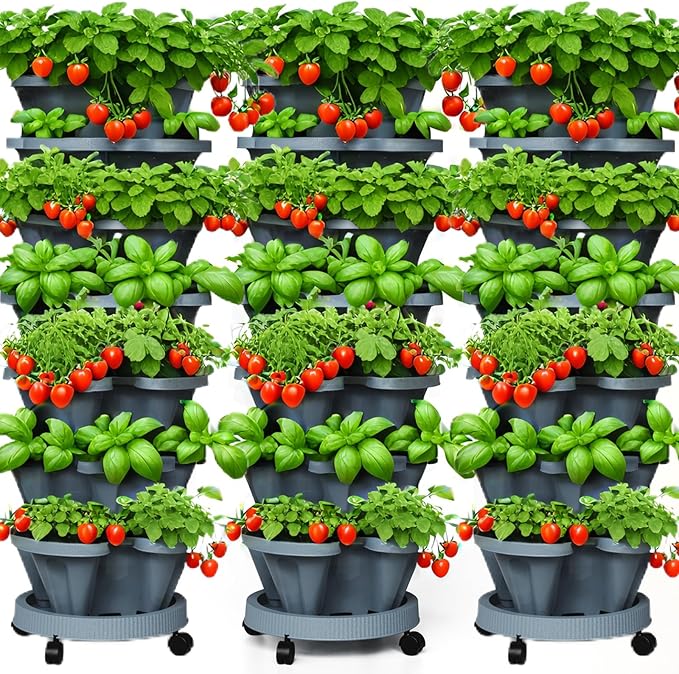 7 Tiered Strawberry Planters 3 Pack, Vertical Stackable Planter, Herb Stacking by Lykvrii