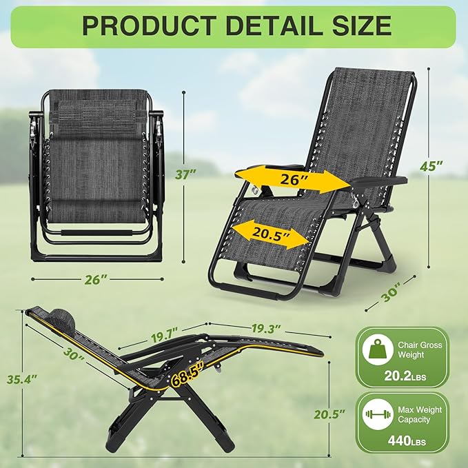 Suteck Zero Gravity Chair, Reclining Camping Lounge Chair w/Removable Cushion - Image 2
