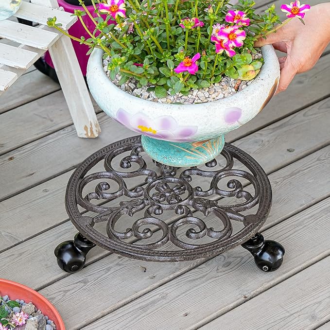 Sungmor Heavy Duty Cast Iron Plant Caddy, Indoor Outdoor Planter Holder Trolley - Image 4