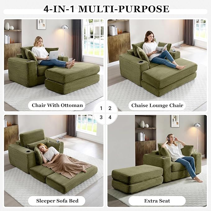 HANXIN 62" Chaise Lounge Chair Indoor, Oversized Corduroy Boneless Convertible - Image 4