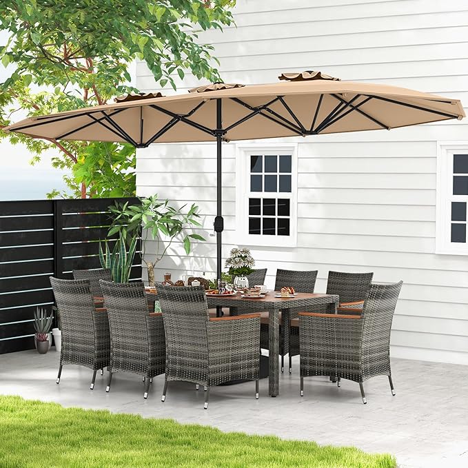 Tangkula 10 Pieces Patio Wicker Dining Set w/Double-Sided Patio Umbrella - Image 9