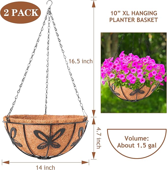 Hanging Baskets Planter for Plants, 2 Pack 14 Inch Round Metal Wire Hanging - Image 2