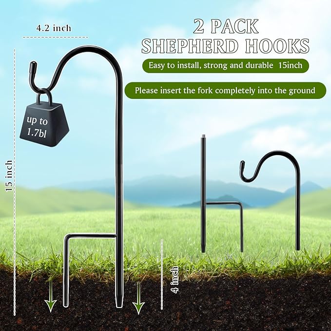 2 Pcs 15 Inch Shepherds Hook for Outdoor Adjustable Bird Feeder Pole Metal - Image 2