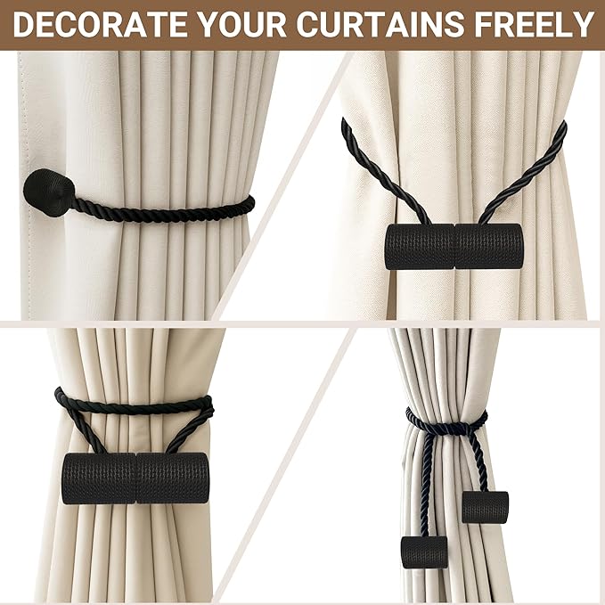 Hion Magnetic Curtain Tiebacks Black 6 Pack, Curtain Tiebacks Buckles Holdbacks - Image 7