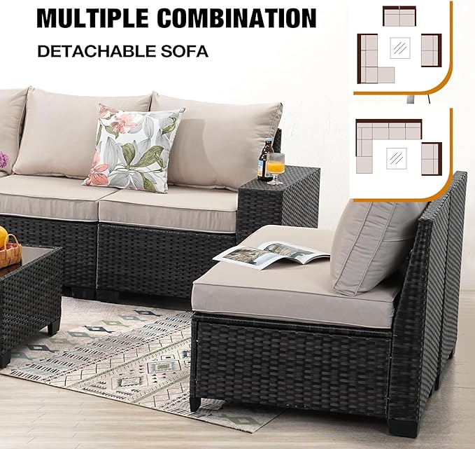 9 Pieces Patio Furniture Set All-Weather Outdoor Wicker Sectional Conversation - Image 6